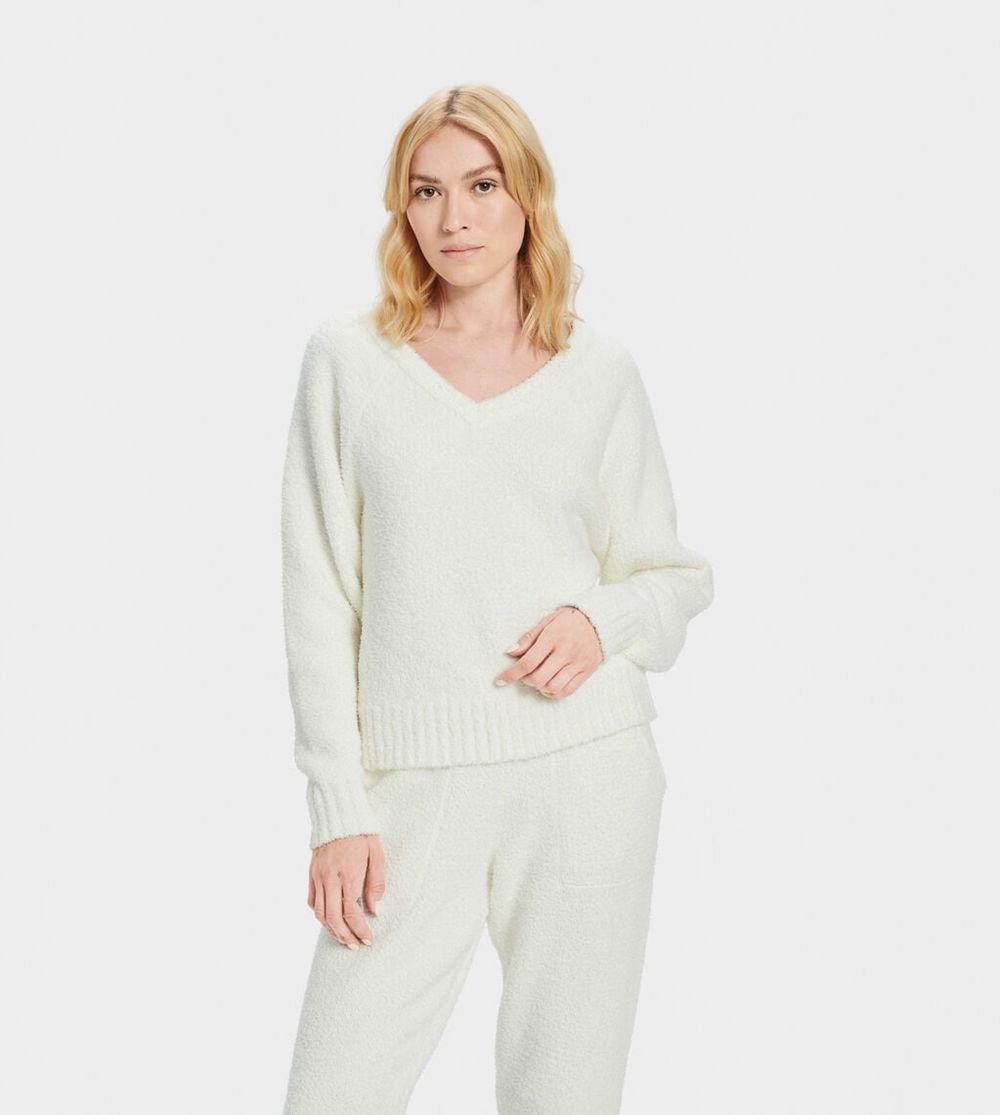 Ugg Pullover Womens - Ugg Paula V Neck Sweater White - 085GSOZCP